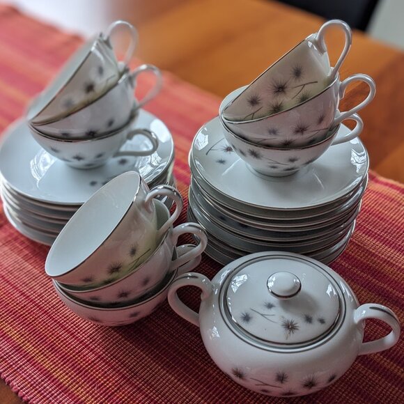 27 Vintage Fine China Creative Platinum Starburst Cup, Saucer, Plate, Sugar Bowl